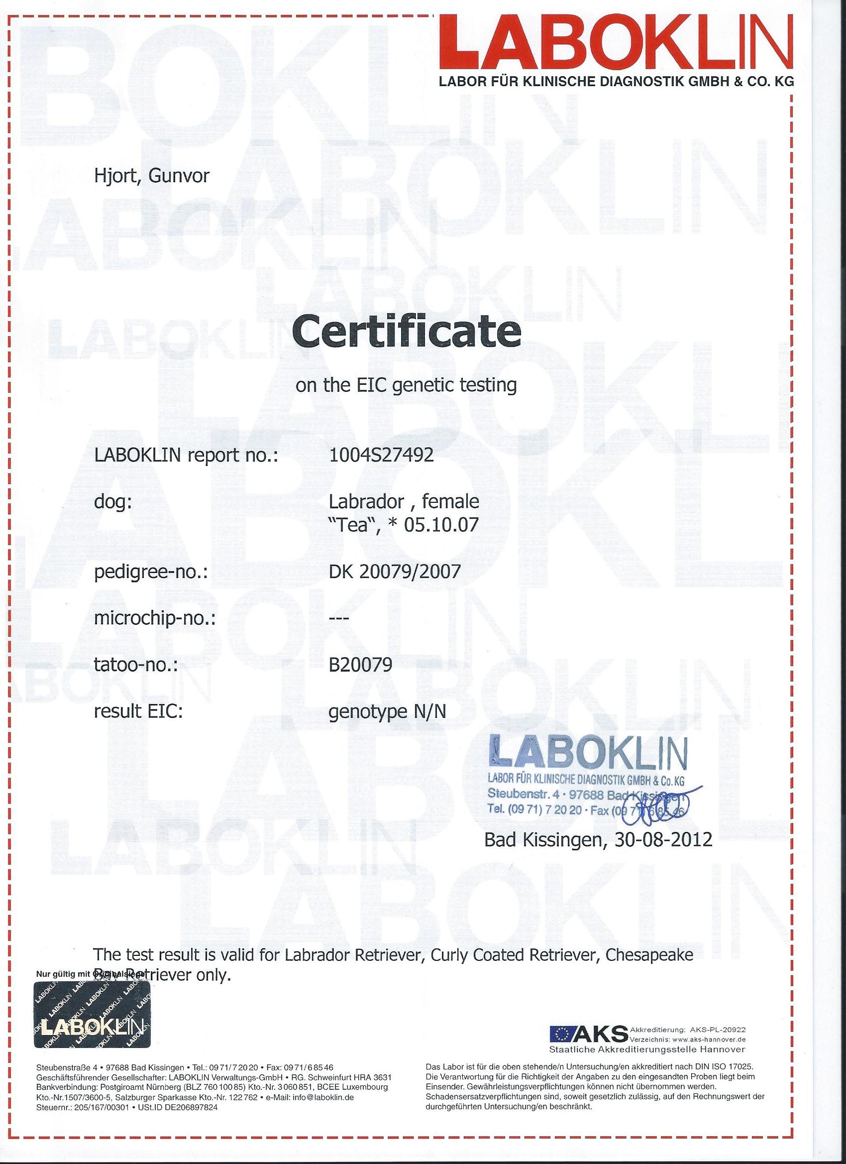 Så fik vi certifikat fra Laboklin.